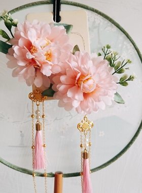 花间汉服头饰绢纱牡丹发夹古风配饰流苏对夹侧边夹中国风发饰田园