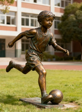 铸铜体育运动主题小孩踢球雕塑