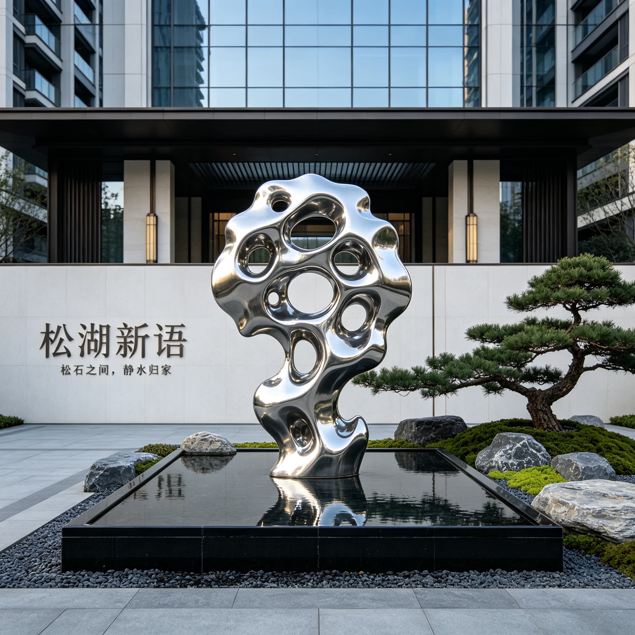 不锈钢太湖石水景雕塑定制厂家户外抽象异形镜面金属摆件酒店景观