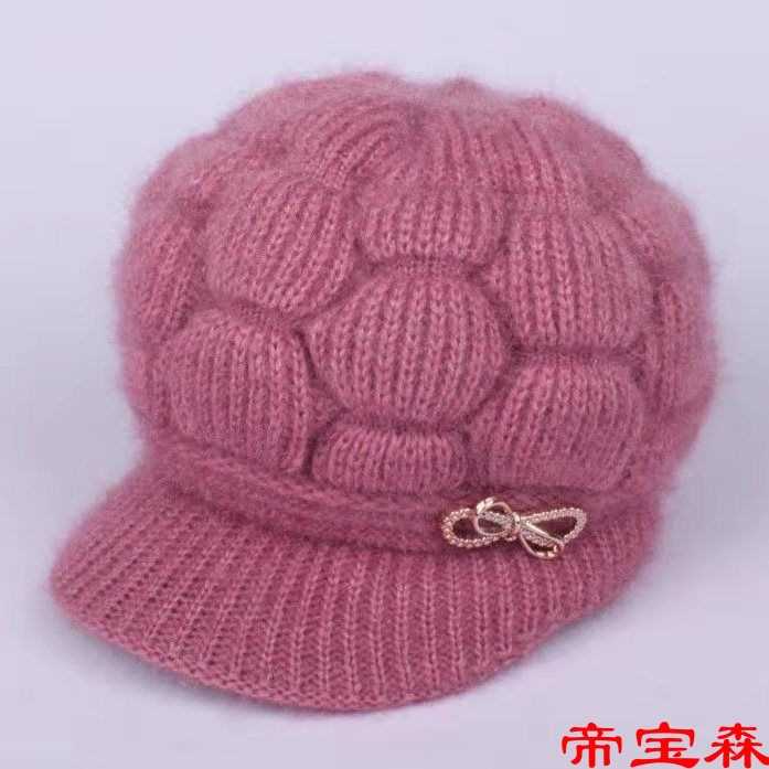 冬季新款加绒中老年鸭舌八角帽时尚老太太针织毛线帽女士保暖帽子