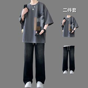 夏季美式青年短袖t恤青少年套装男宽松体恤搭配牛仔裤潮流两件套