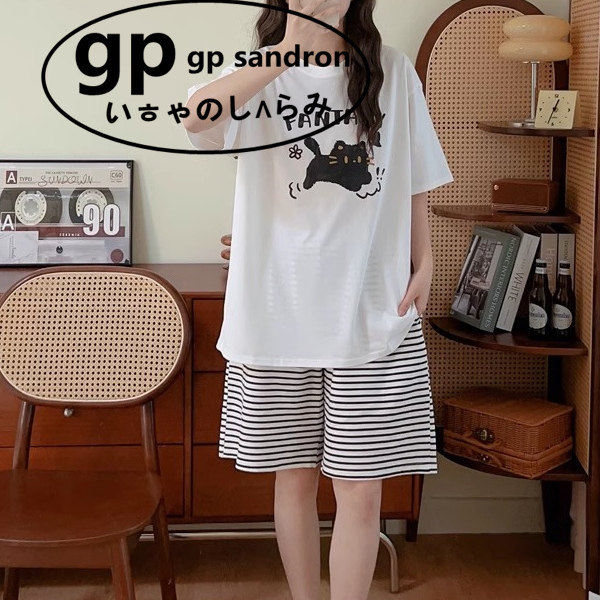 日本gp纯棉睡衣女五分裤条纹