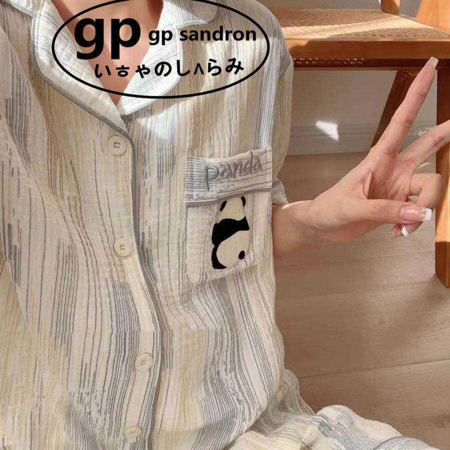 日本GP撞色条纹睡衣女熊猫短袖