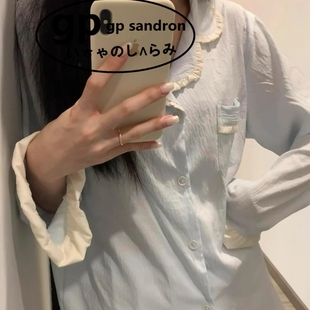纯棉甜美花边少女家居服套装 日本GP睡衣女款 长裤 春秋季 可外穿 长袖