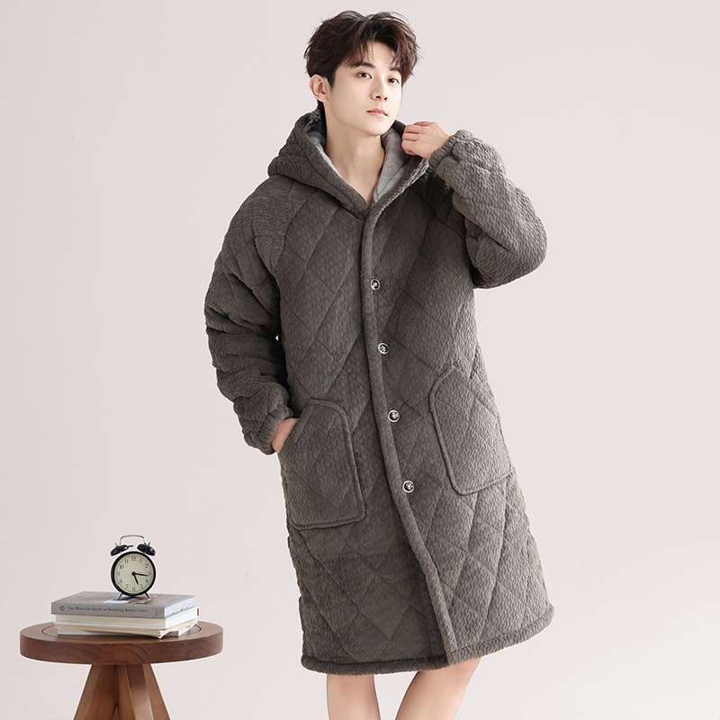 俞兆林三层夹棉睡袍男款睡衣冬季加厚连帽珊瑚绒棉袄青少年纽扣款