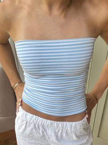 Strapless striped short slim fit top女士抹胸条纹短款修身上衣