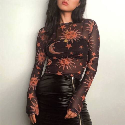 Round neck long sleeved transparent top 圆领长袖印花透视上衣