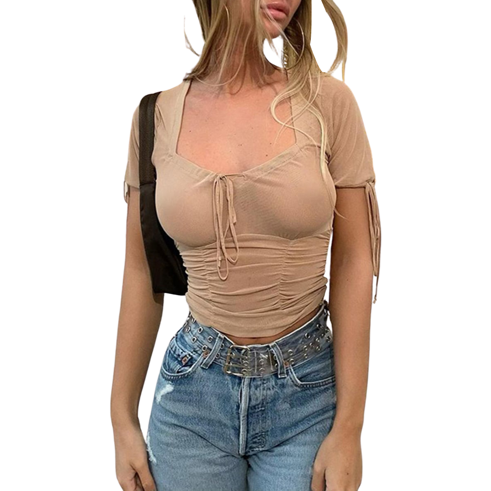 Solid Color Summer Tops for Female See Through T-Shirts网纱