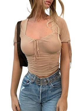 Solid Color Summer Tops for Female See Through T-Shirts网纱
