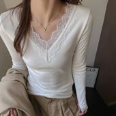 蕾丝边V领长袖 base 打底衫 lace 修身 neck Tailored shirt