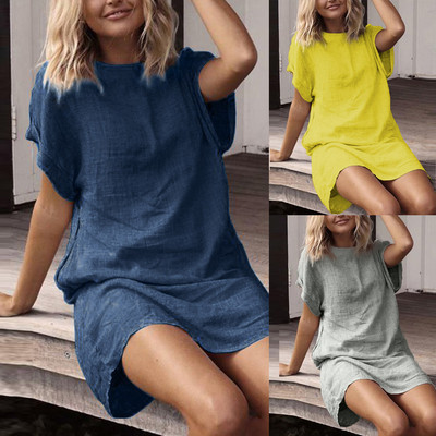 Crew Neck Linen Dress women summer dress vestidos femininos