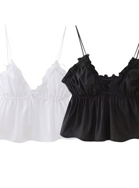 Solid color V-neck bow camisole top纯色V领蝴蝶结吊带短款上衣