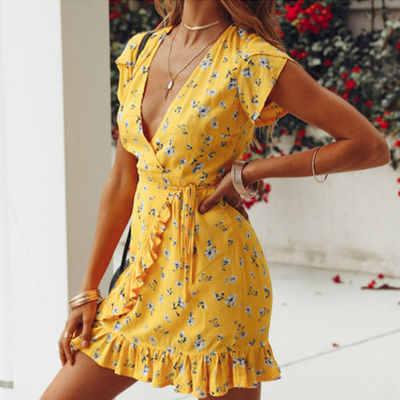 Bandage Bodycon Yellow Evening Party Print Short Mini Dress