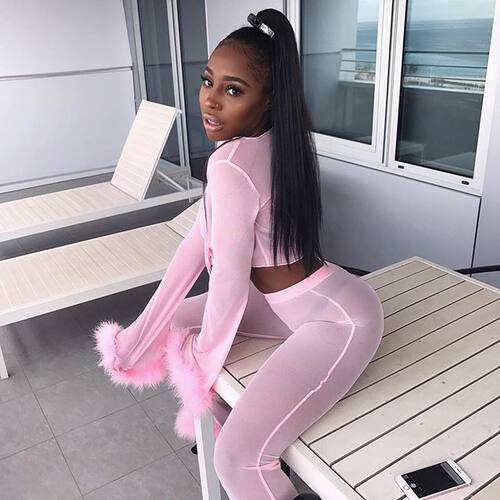 o Piece Set Long Sleeve Fluffy Crop Top And Pants Streetwear