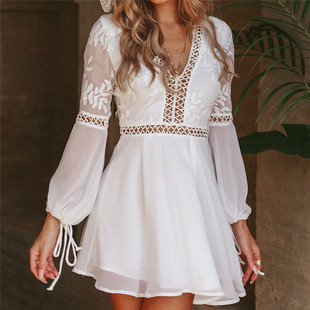 larga encaje recortado corto Mini vestido blanco vestido