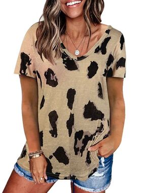 Leopard print loose V-neck short sleeved 豹纹印花宽松V领短袖