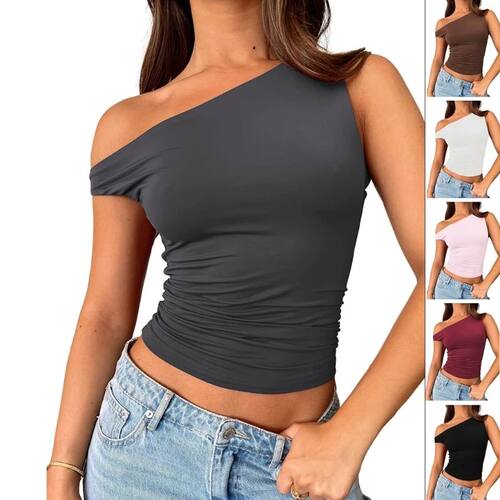 Solid color slim fit short off shoulder top 纯色修身短款上衣