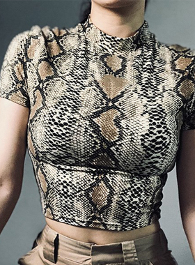 Long Sleeve Crew Neck Cropped Snake Print T-Shirt短款蛇纹T恤