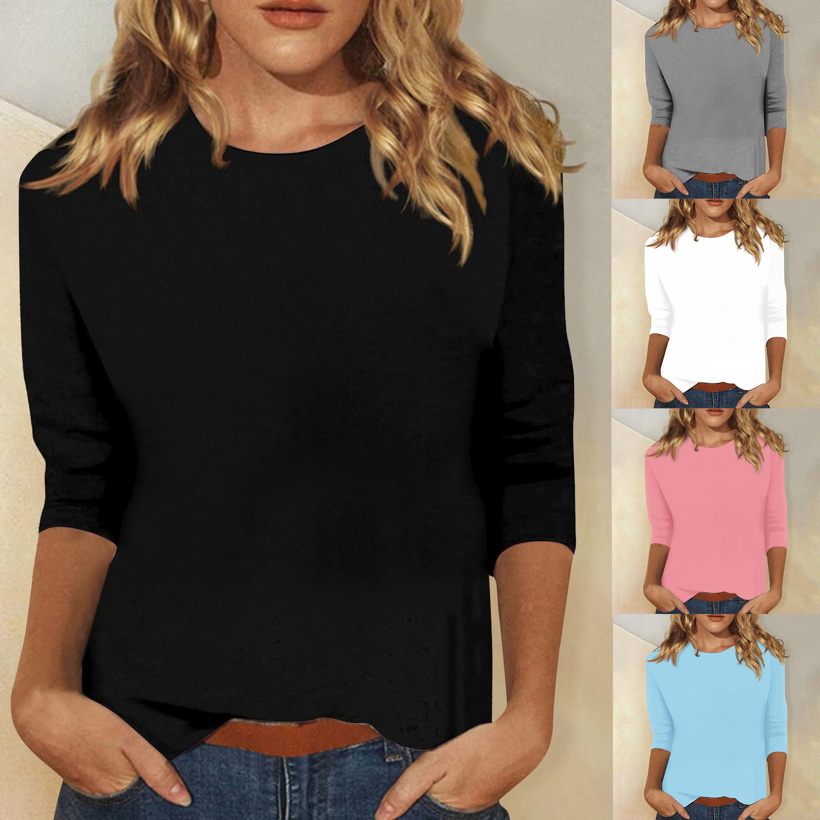 Solid color round neck seven quarter sleeve top 圆领七分袖女