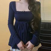 上衣女 long Square 方领花边系带长袖 collar lace sleeved shirt