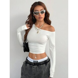 修身斜肩长袖上衣女Slim fit sloping shoulder long sleeved top