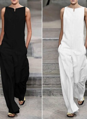 Pure Color Pocket Loose Rompers Elegant Lady Office Overalls