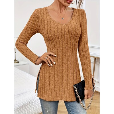 纯色圆领修身坑条磨毛上衣