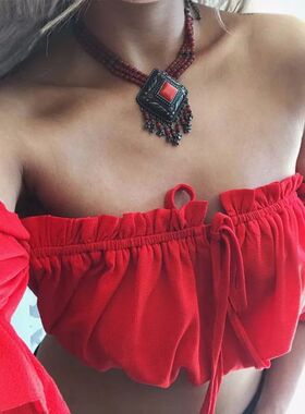 Open navel lantern sleeve T-shirt夏季灯笼袖短款露肩有褶边T恤