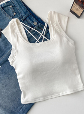 Solid color short sleeveless suspender纯色短款无袖吊带上衣女