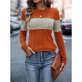 Color top blocked 休闲拼色坑条T恤圆领女 round neck for women