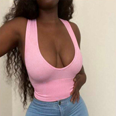 Neck Cut Casual Low Fit Tank Sleeveless Slim Tops无袖 纯色