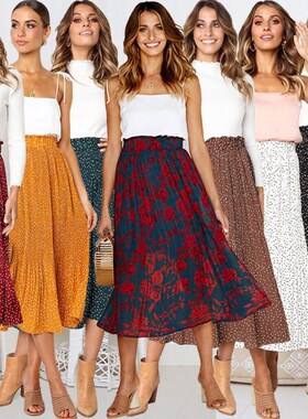 summer floral long skirt skirts for women时尚波点口袋半身裙