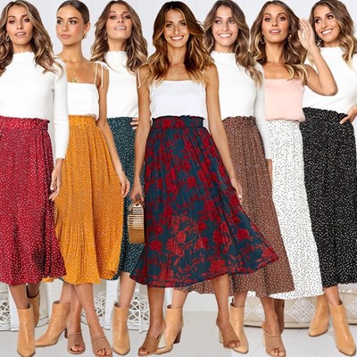 summer floral long skirt skirts for women时尚波点口袋半身裙