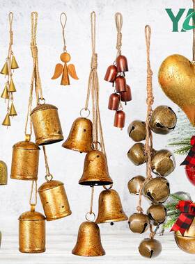 欧美热卖圣诞铃铛复古麻绳铃铛挂件家居门挂装饰品做旧铁艺大铃铛