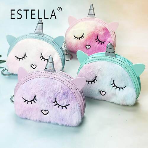 ESTELLA卡通半圆零钱包独角兽绣萌萌眯眼扎染毛绒迷你撞色设计