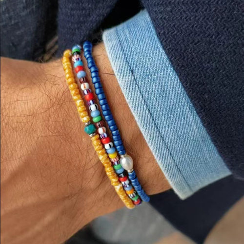 Bohemian vacation-style stretch millegrain bracelet for men