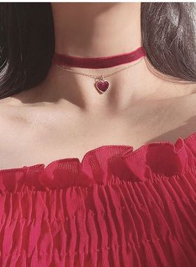 Girly velvet sweet love collarbone chain necklace爱心潮项链