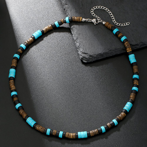 Turquoise coconut shell wood bead patchwork punk necklace新