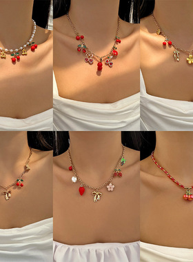 European and American bow cherry pendant necklace跨境女项链
