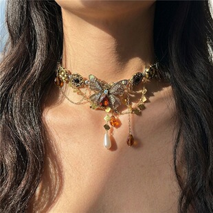 Butterfly pendant necklace, sweet punk-style fringed choker