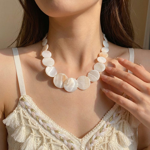 Cross-border Beaded Round Shell Patch Necklace for Ladies女