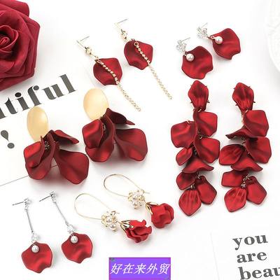 Exaggerated red rose petals tassel earrings retro bride girl