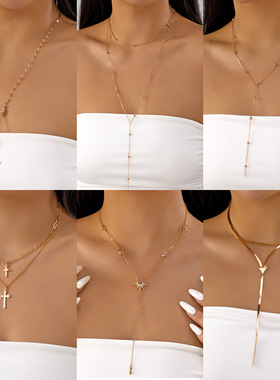 厂家直销欧美冷淡风项链时尚复古高级感十字架吊坠锁骨链饰品批发