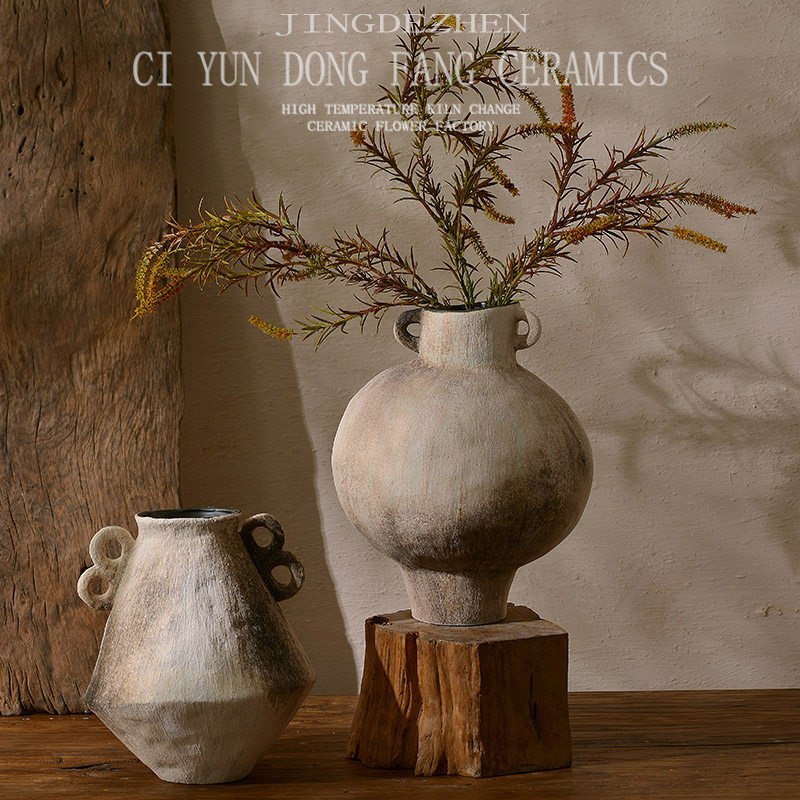 复古花器双耳插花瓶粗陶侘寂风中古陶罐样板间陶瓷手工陶壶摆件,家居饰品,花瓶,淘宝优惠券,粉丝福利购,淘宝优惠卷
