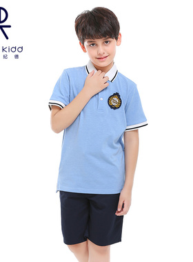 伊顿纪德灰蓝色珠地网眼撞浅蓝色织布短袖POLOT恤13T026