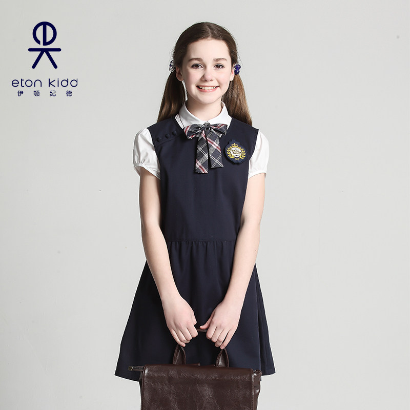伊顿纪德儿童藏青色中式无袖连衣裙 女大童学院盘扣背心裙子