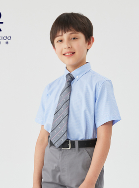 伊顿纪德学院风夏季男童衬衫短袖 蓝色千鸟格制式儿童衬衣16C103