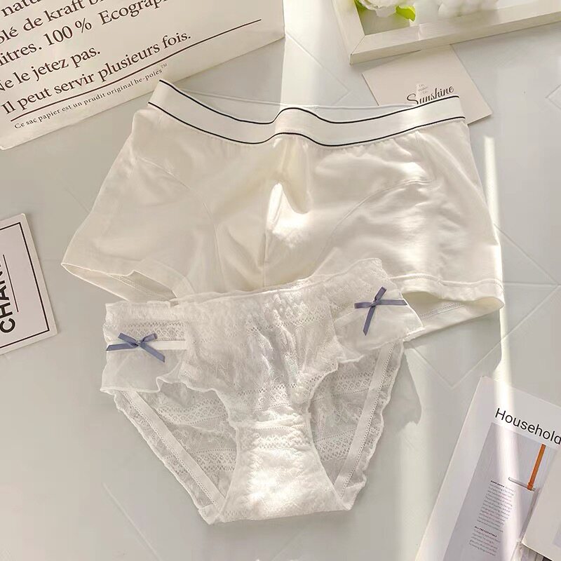 情侣内裤白色系列~纯欲舒适甜美蕾丝花边可爱蝴蝶结一男一女套装