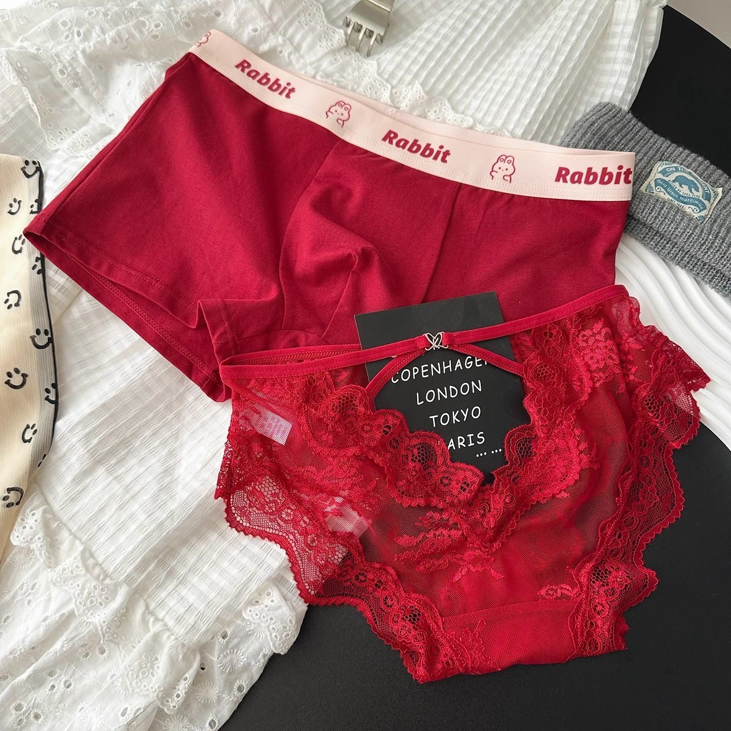 情侣内裤红色本命年纯欲蕾丝镂空性感甜美裆部纯棉情侣内裤套装