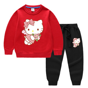 凯蒂猫衣服女童长袖套装春季新款女孩纯棉卫衣卫裤运动两件套薄款